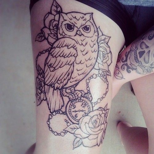 Cool Black Outline Owl With Pocket Watch And Roses Tattoo On Right Thigh