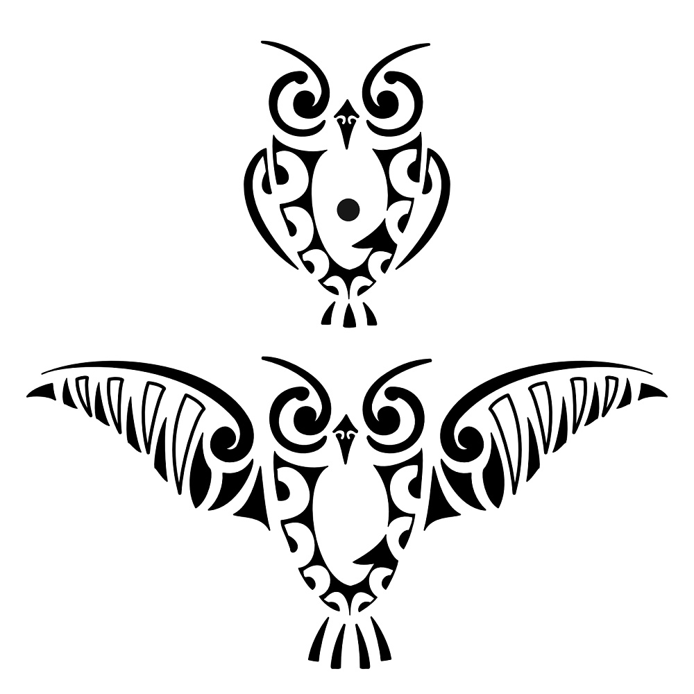 Cool Black Two Tribal Owl Tattoo Stencil