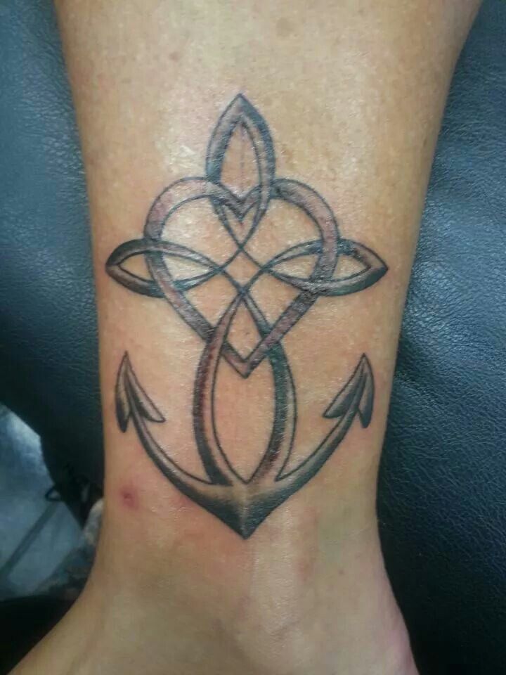 Cool Celtic Anchor Cross With Heart Tattoo On Leg