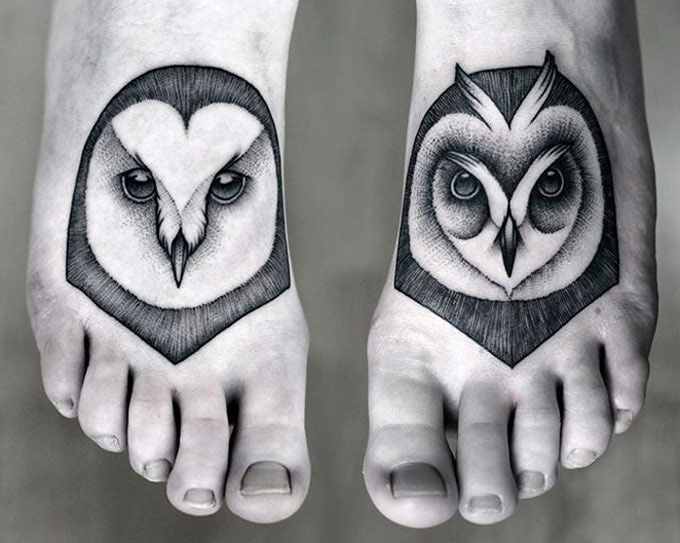 Cool Dotwork Black Ink Owl Head Tattoo On Feet By Kamil Czapiga