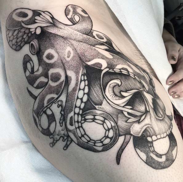Cool Dotwork Octopus With Skull Tattoo Design For Half Sleeve By Lawrence Edwards