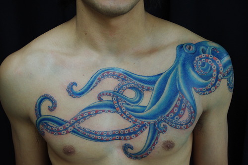Cool Octopus Tattoo On Man Left Shoulder And Chest
