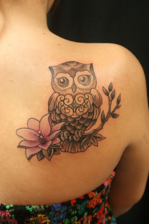 Cool Owl On Branch With Flower Tattoo On Girl Right Back Shoulder