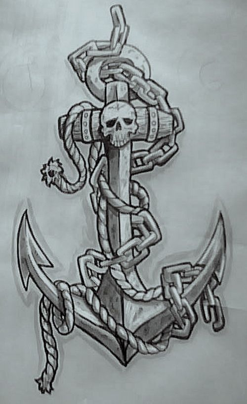 Cool Skull Anchor With Rope And Chain Tattoo Design