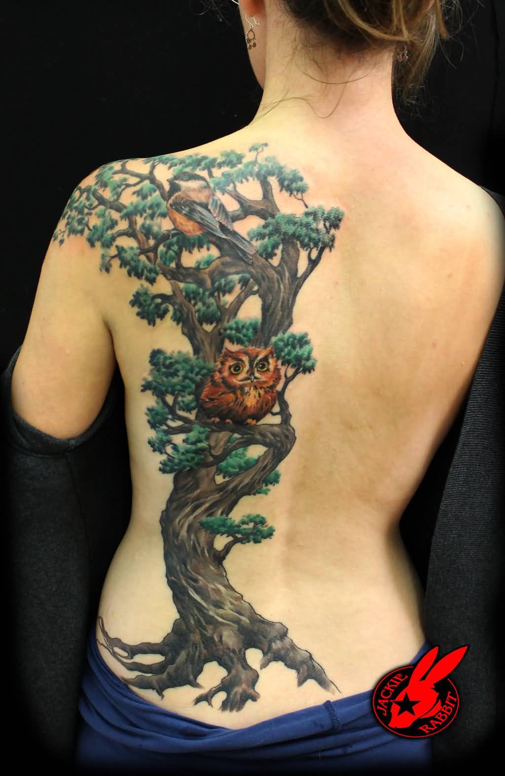 Cool Two Owl On Tree Tattoo On Girl Full Back By Jackie Rabbit