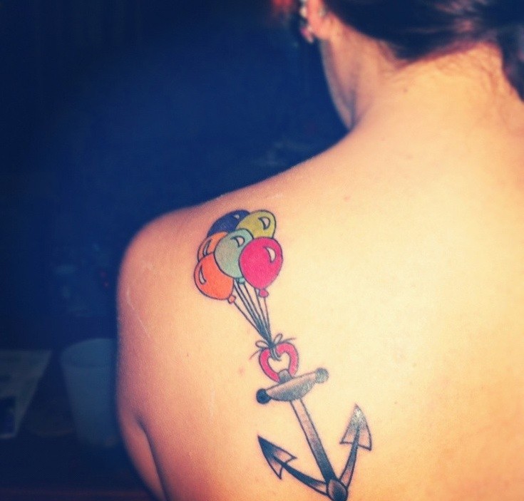 Cute Anchor With Balloons Tattoo On Left Back Shoulder