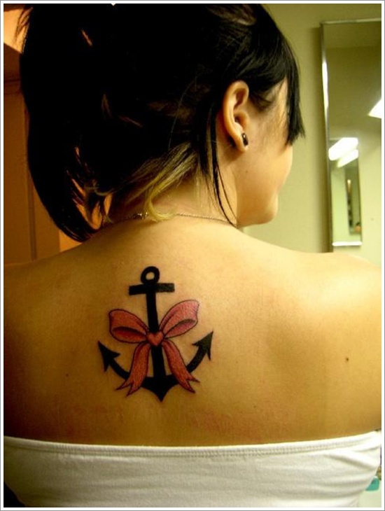 Cute Anchor With Bow Tattoo On Girl Upper Back