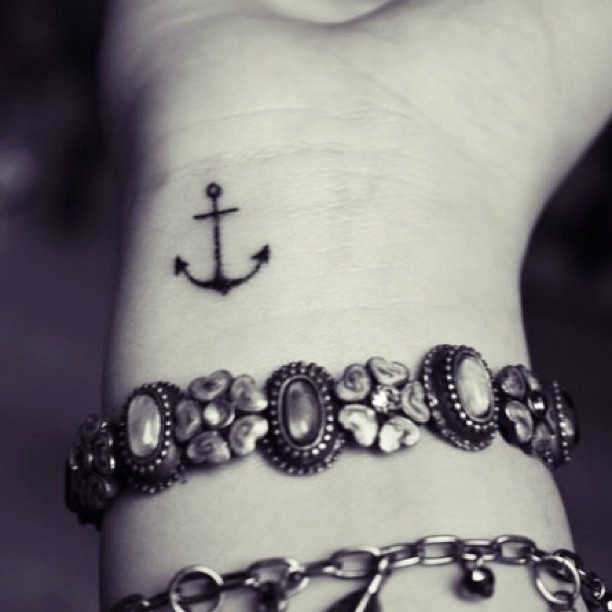 Cute Black Anchor Tattoo On Girl Right Wrist