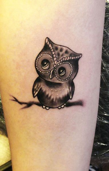 Cute Black And Grey Owl On Branch Tattoo Design For Girl Sleeve