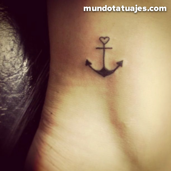 Cute Black Heart Anchor Tattoo On Right Ankle