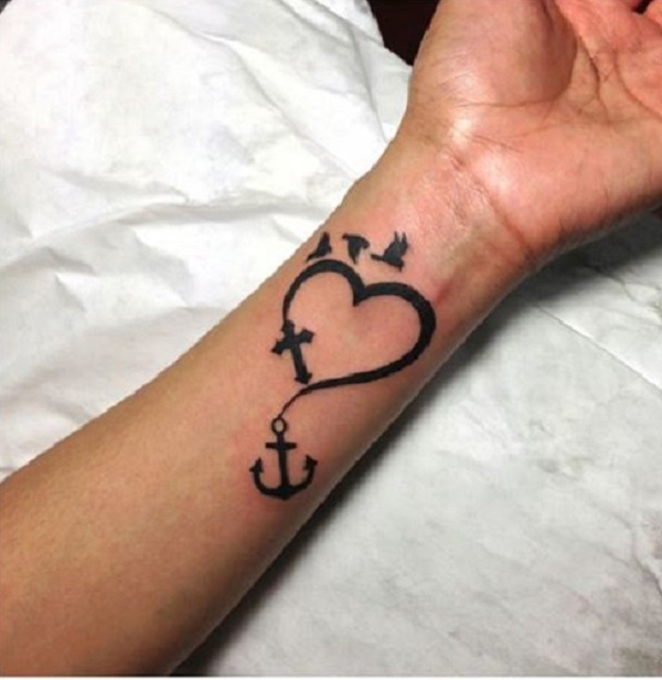 Cute Black Heart With Anchor And Flying Birds Tattoo On Left Wrist