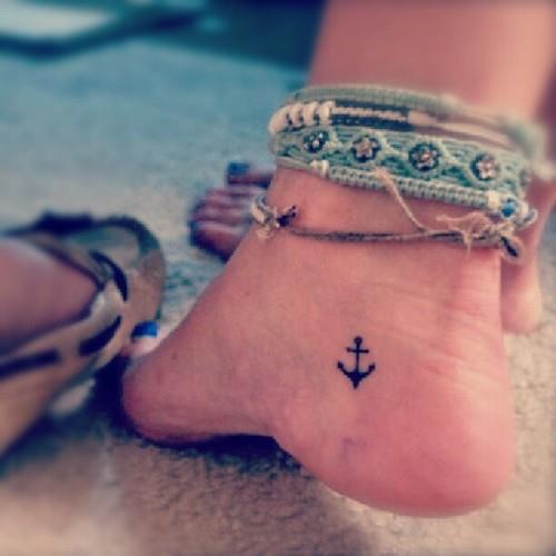 Cute Black Ink Anchor Tattoo On Girl Ankle