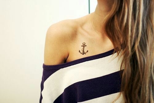 Cute Black Ink Anchor Tattoo On Girl Right Front Shoulder By Jessica Wilkins
