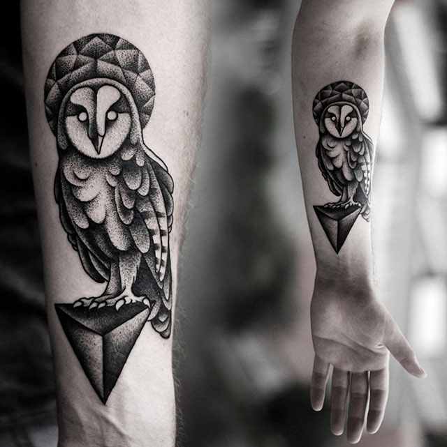 Cute Black Ink Dotwork Owl Tattoo On Left Forearm By Kamil Czapiga