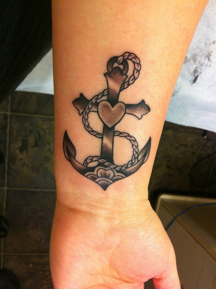 Cute Black Ink Traditional Anchor Tattoo On Right Wrist