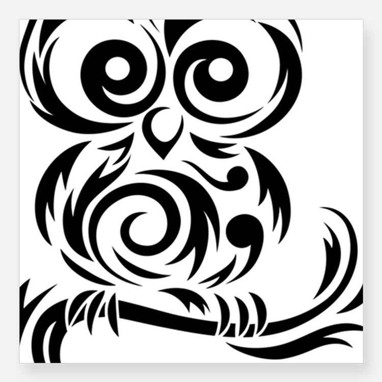 Cute Black Tribal Owl On Branch Tattoo Stencil