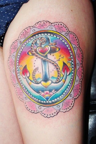 Cute Colorful Anchor In Frame Tattoo Design For Thigh