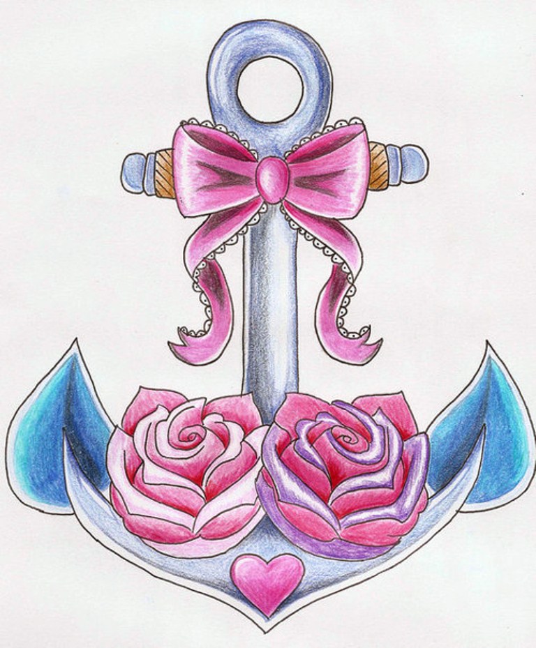 Cute Colorful Anchor With Bow And Roses Tattoo Design