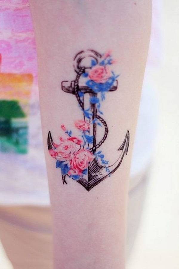 Cute Colorful Anchor With Flowers Tattoo Design For Forearm