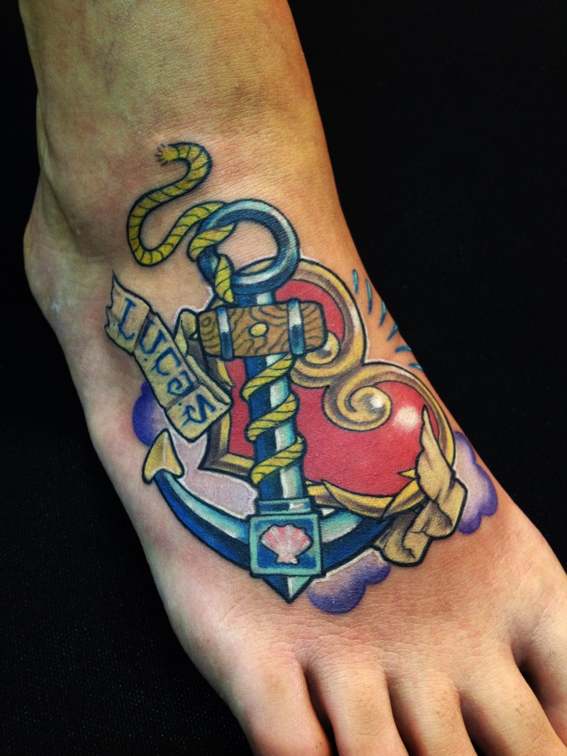 Cute Colorful Anchor With Heart And Banner Tattoo On Right Foot