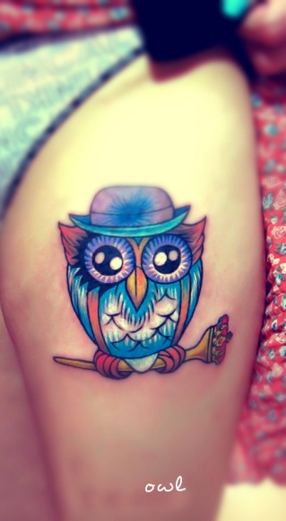 Cute Colorful Owl Tattoo Design For Female Thigh