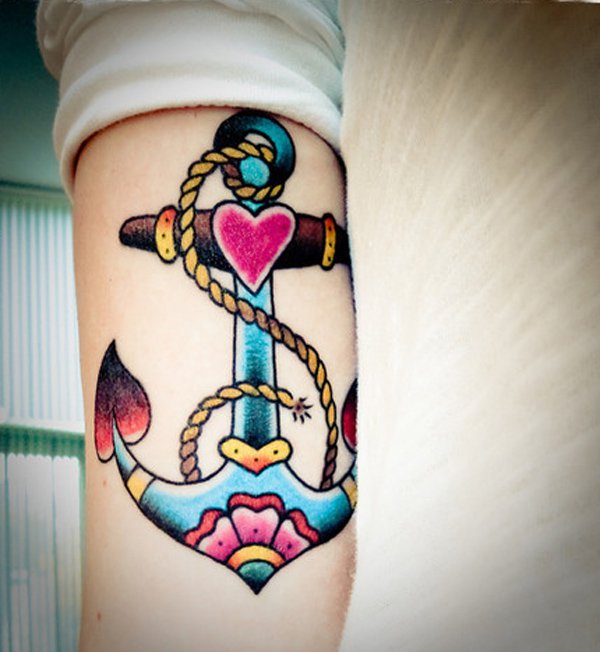 Cute Colorful Traditional Anchor Tattoo Design For Girl Sleeve