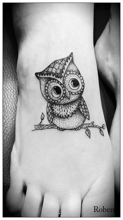 Cute Dotwork Owl On Branch Tattoo On Girl Right Foot By Aisha