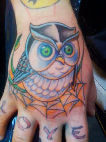 Cute Owl Tattoo On Female Right Hand