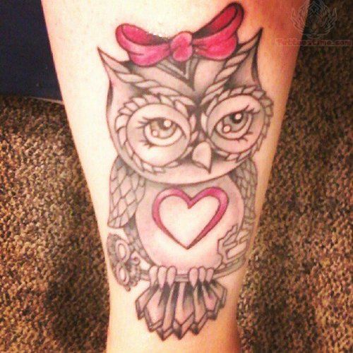 Cute Pink And Grey Owl Tattoo Design For Girl