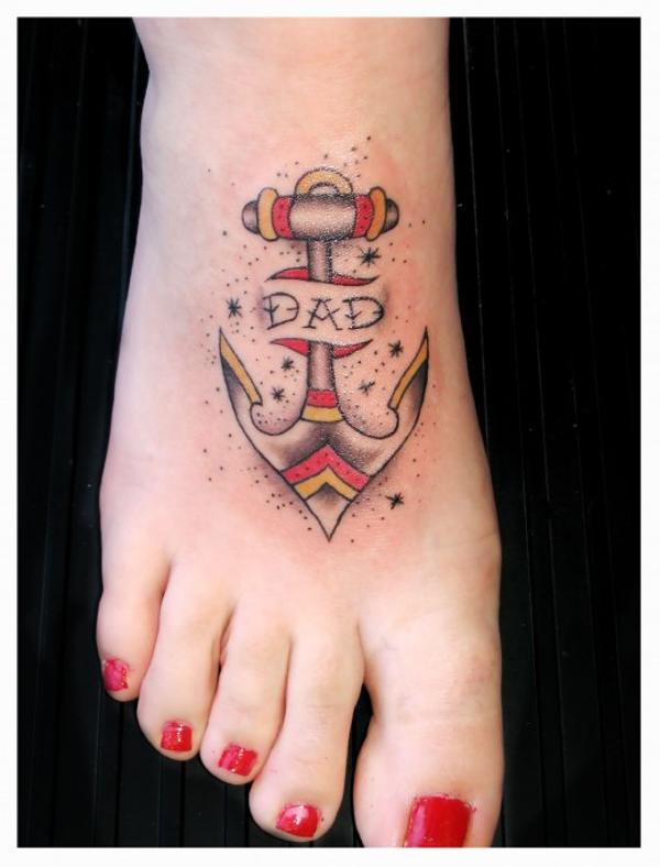 Cute Ripped Skin Traditional Anchor Tattoo On Girl Right Foot