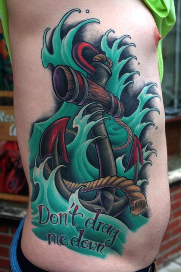 Don't Drag Me Down - Colorful 3D Anchor Cross Tattoo On Man Right Side Rib
