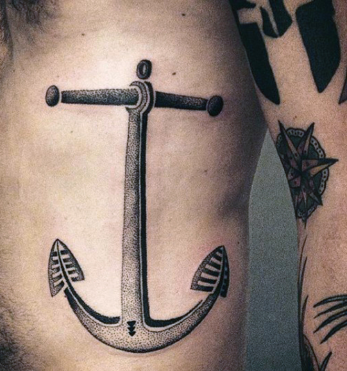 Dotwork Anchor Tattoo On Man Side Rib