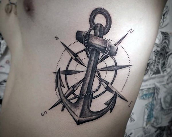 Dotwork Anchor With Compass Tattoo On Man Left Side Rib