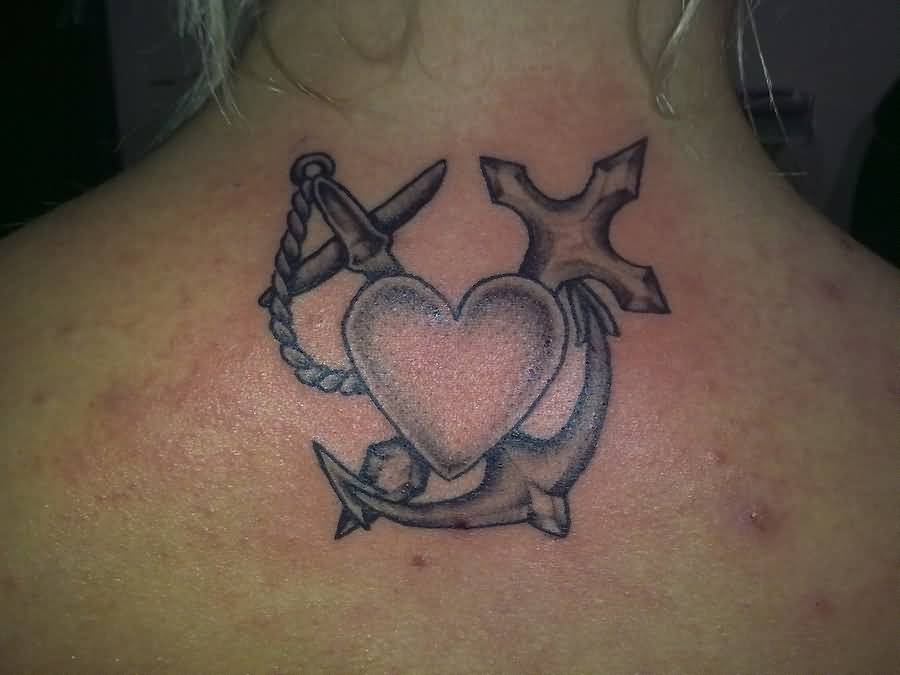 Dotwork Anchor With Cross And Heart Tattoo On Upper Back