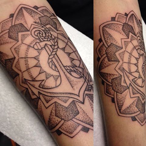 Dotwork Anchor With Flower Tattoo On Forearm