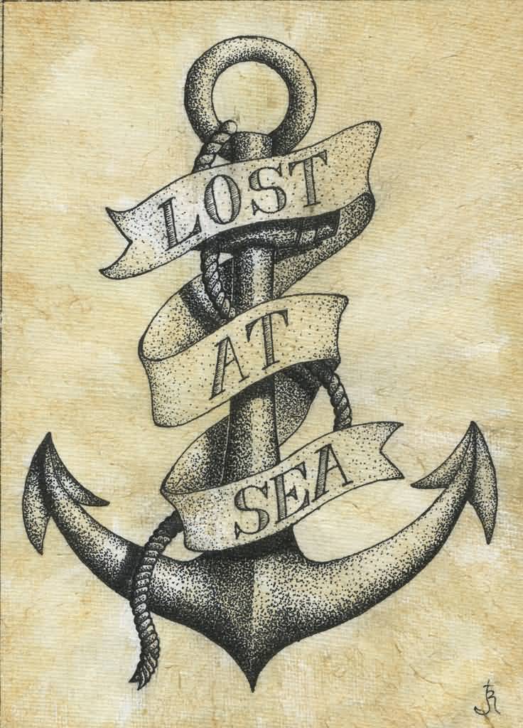 Dotwork Anchor With Lost At Sea Banner Tattoo Design