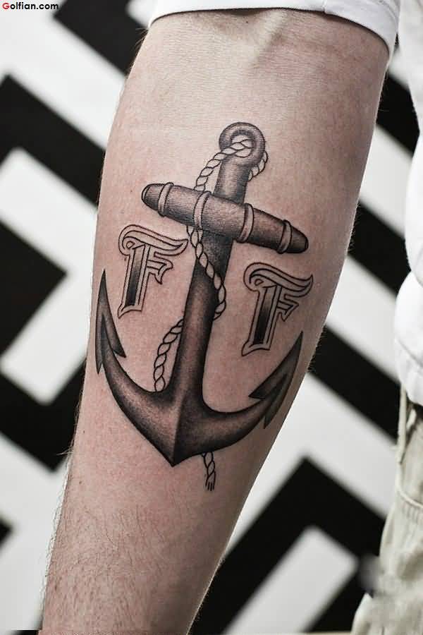 Dotwork Anchor With Rope Tattoo Design For Forearm