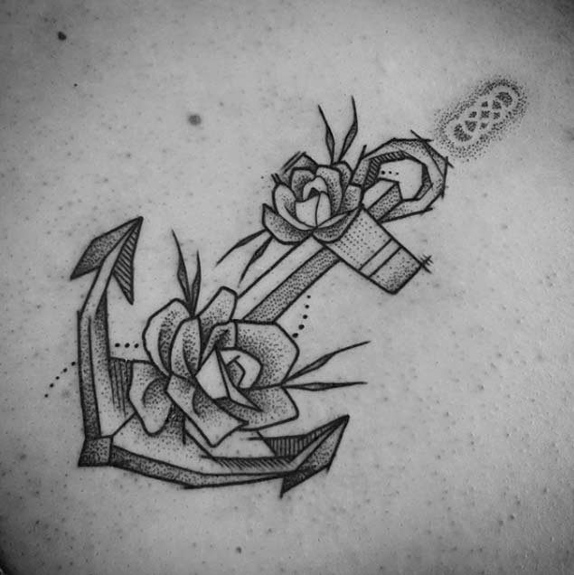 Dotwork Anchor With Roses Tattoo Design For Women By Ben Doukakis