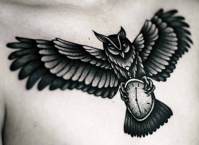 Dotwork Black Ink Flying Owl With Clock Tattoo On Man Chest