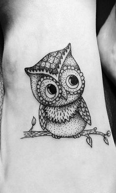 Dotwork Black Ink Owl On Branch Tattoo On Right Foot