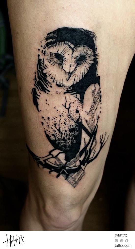Dotwork Black Ink Owl Tattoo On Left Half Sleeve