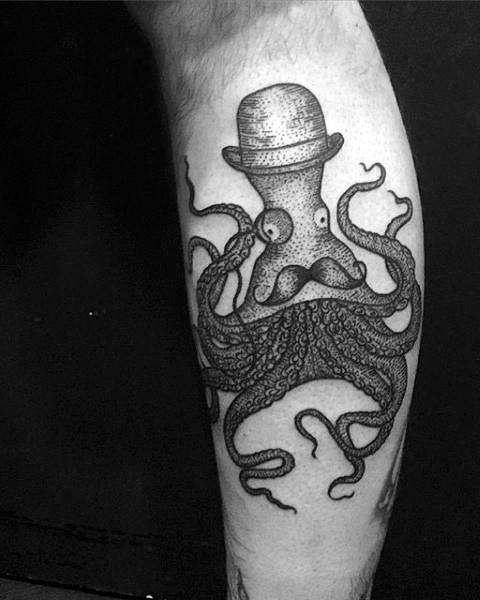 Dotwork Gentleman Octopus Tattoo Design For Leg Calf