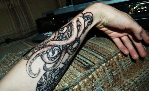 Dotwork Japanese Octopus Tattoo On Left Forearm