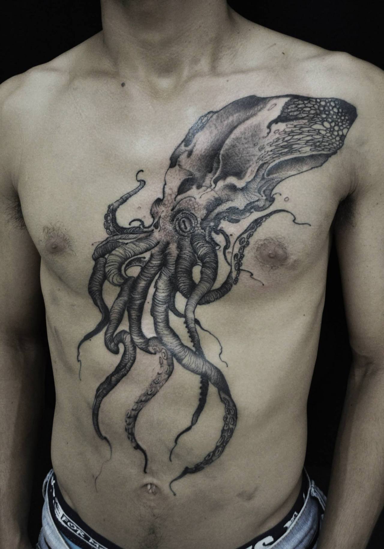 Dotwork Octopus Tattoo On Man Chest