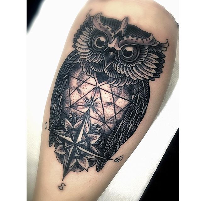 Dotwork Owl With Compass Tattoo Design For Sleeve