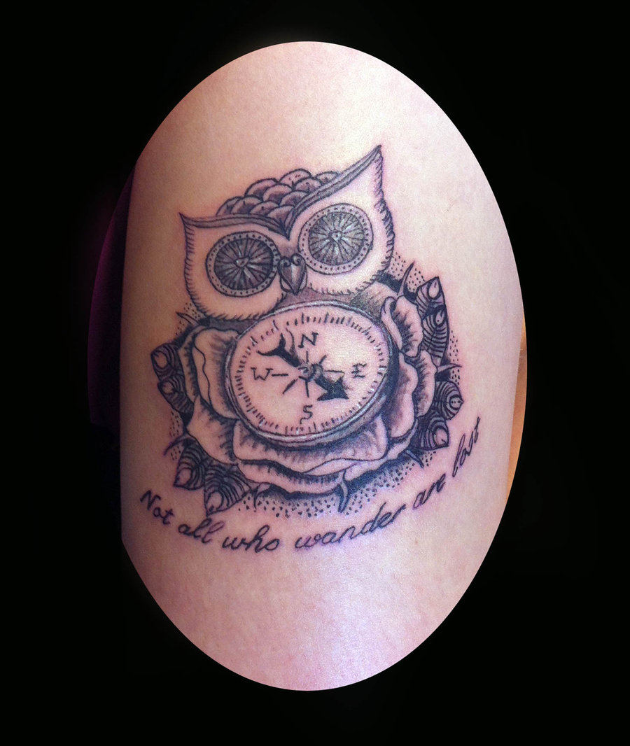 Dotwork Owl With Compass Tattoo Design
