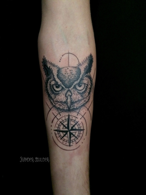 Dotwork Owl With Compass Tattoo On Right Forearm