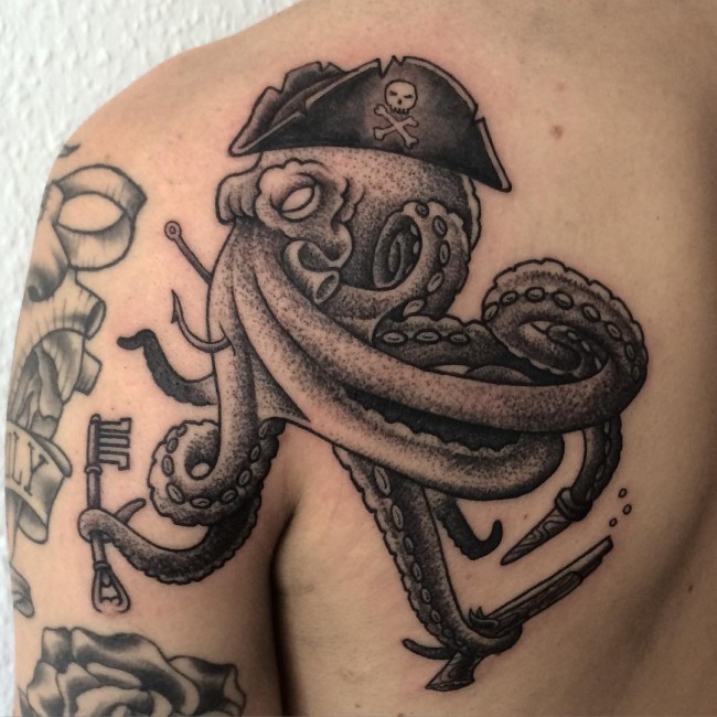 Dotwork Pirate Octopus Tattoo On Man Left Back Shoulder