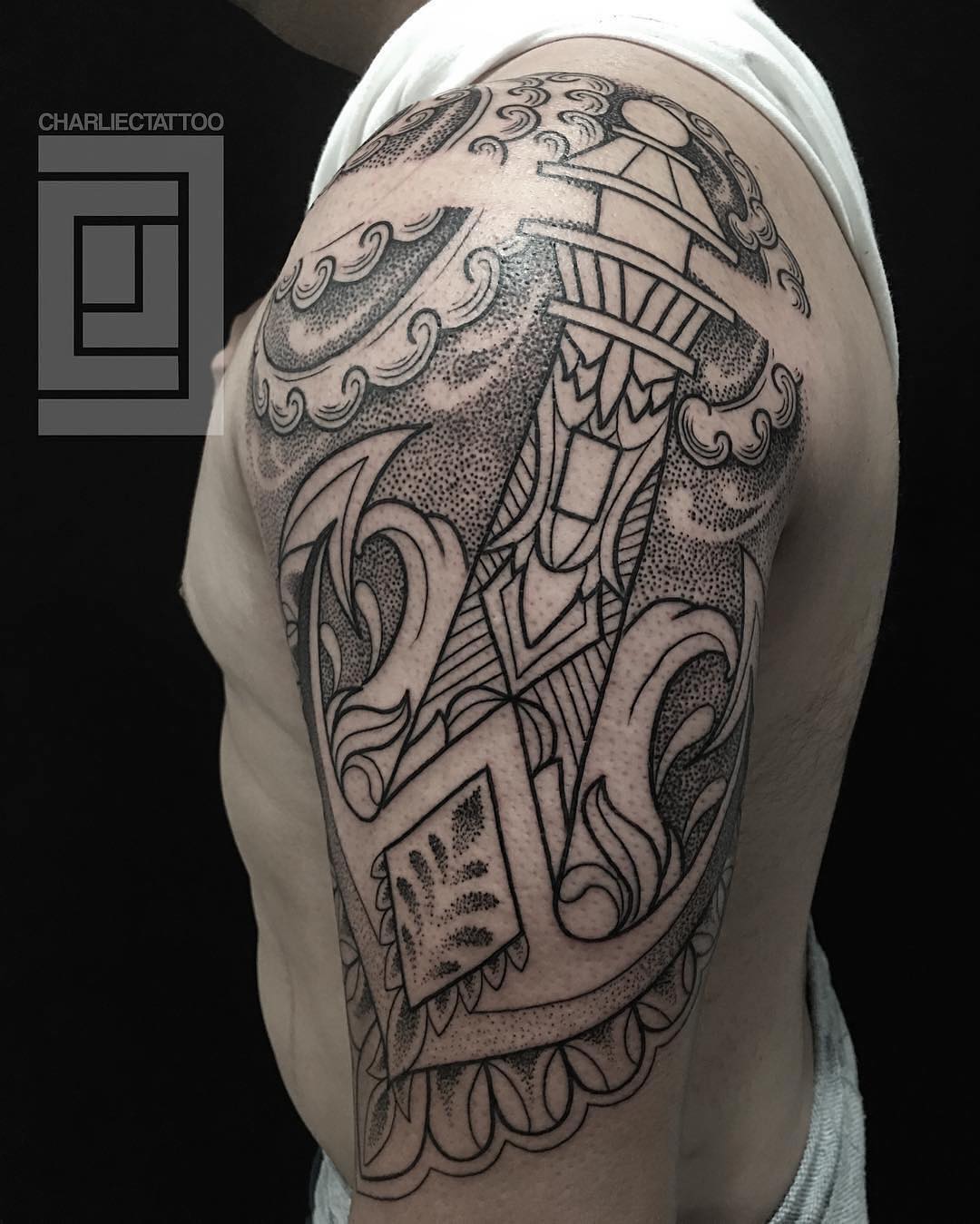 Dotwork Polynesian Anchor Tattoo On Man Left Half Sleeve