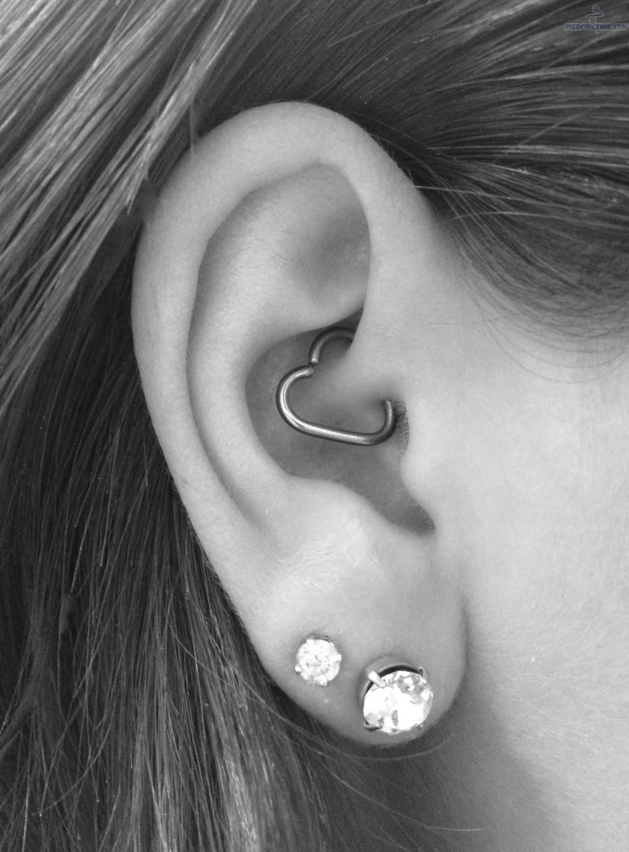 Double Lobe And Rook Heart Piercing On Right Ear